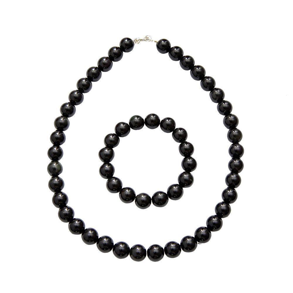 parure agate noire pierres boules 12mm