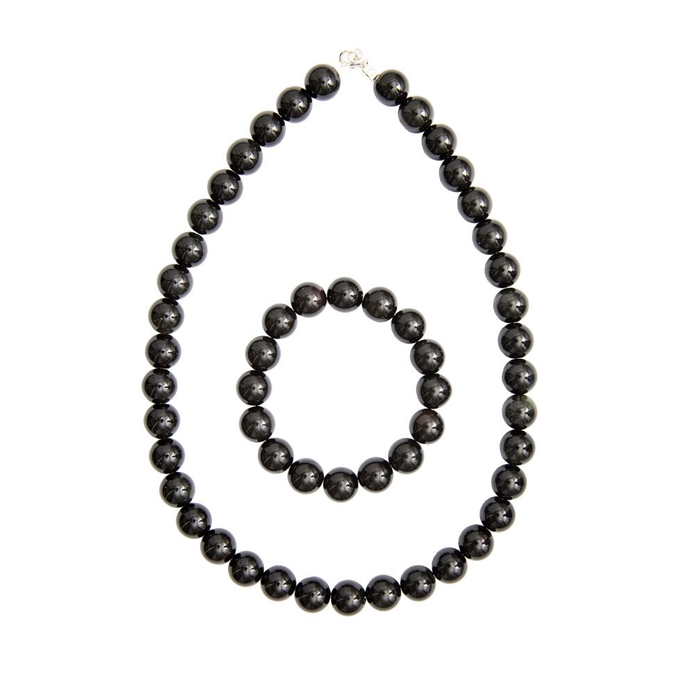 parure agate noire pierres boules 12mm