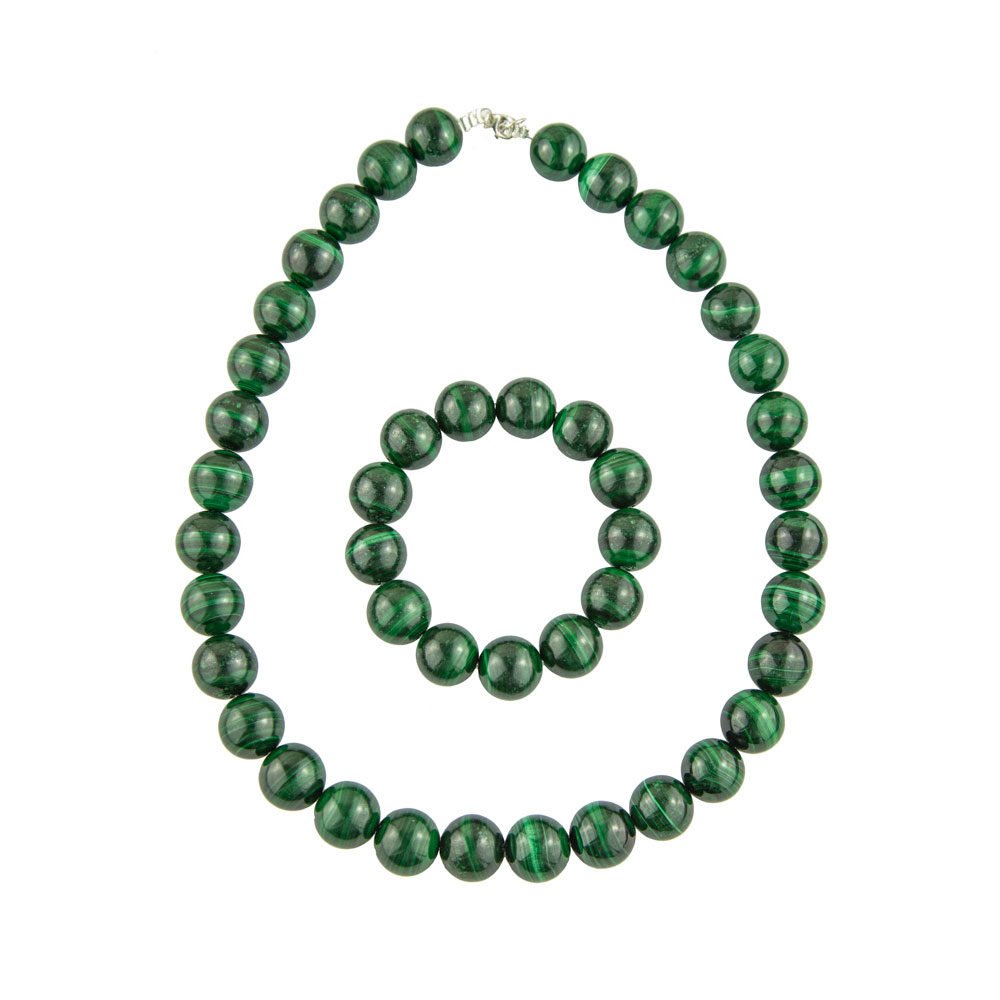 parure malachite pierres boules 14mm