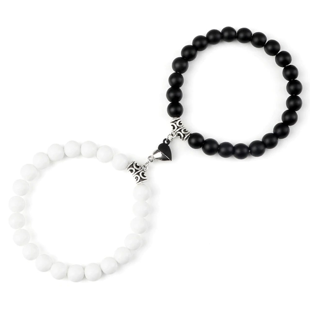 Bracelet Femme noir et blanc en perles onyx, quartz craquelé et argent